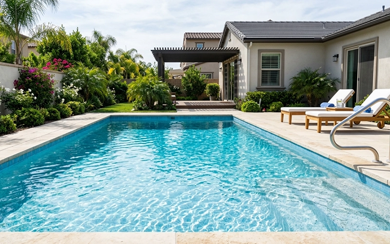 Clear blue pool water in a clean residential backyard