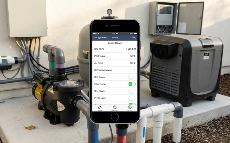 Pool automation panel or smartphone showing pool control app at a real residential installation