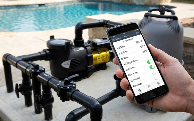 Pool control panel or smartphone showing pool automation app