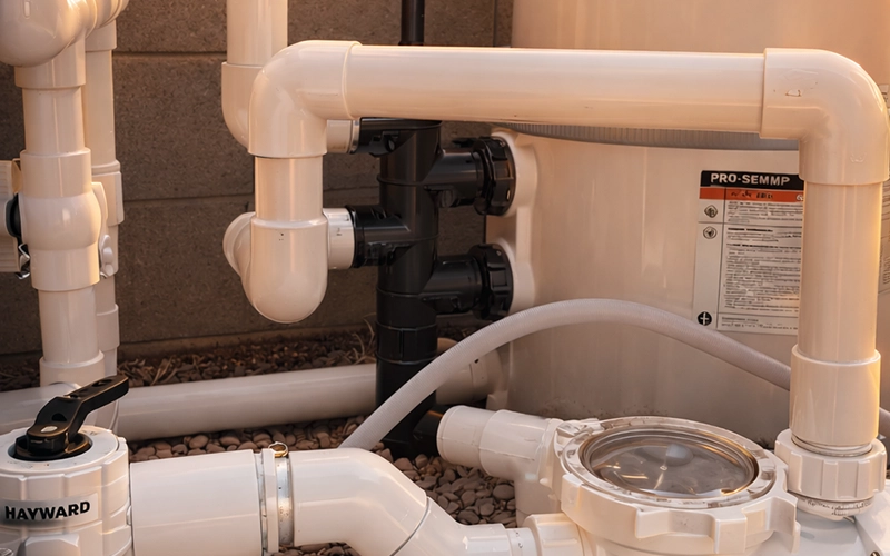 Pool equipment plumbing with pipes, valves, and pump connections being inspected for leaks or other problems