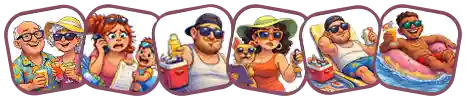 Illustrated Pool Pilots customer personas enjoying poolside activities, representing homeowners and families who rely on professional pool cleaning, maintenance, and repair services.