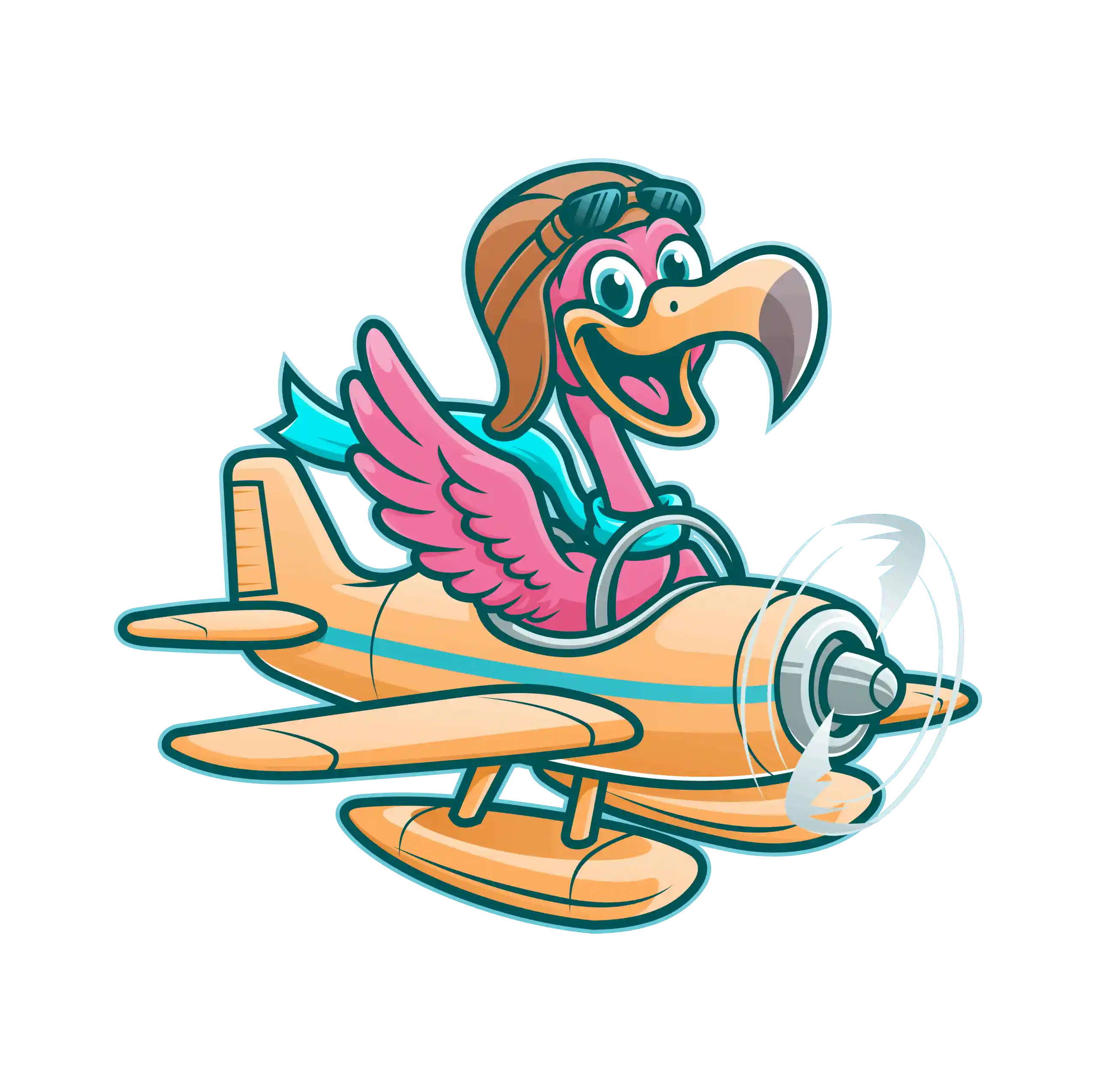 Pool Pilots flamingo pilot mascot flying an airplane, representing the company’s professional pool cleaning, maintenance, and repair services.