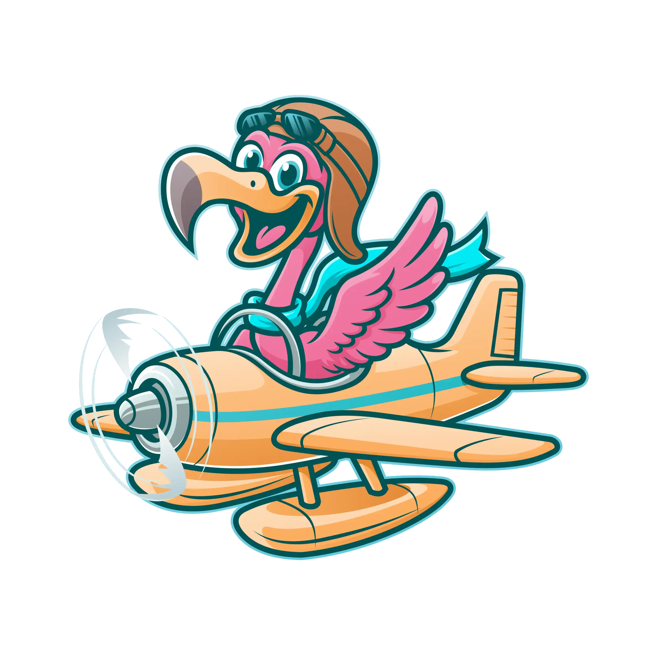 Pool Pilots flamingo pilot mascot flying an airplane, representing professional pool cleaning, maintenance, and repair services in Arizona.