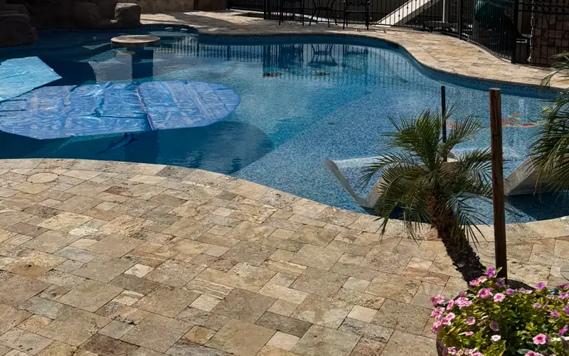 Backyard swimming pool with palm trees, stone patio.