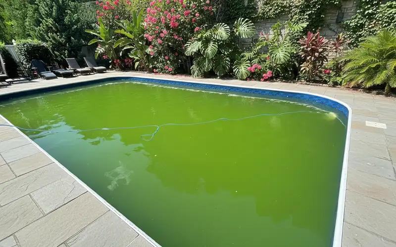 Green swimming pool water caused by algae buildup showing a pool cleaning problem in Scottsdale and Mesa Arizona